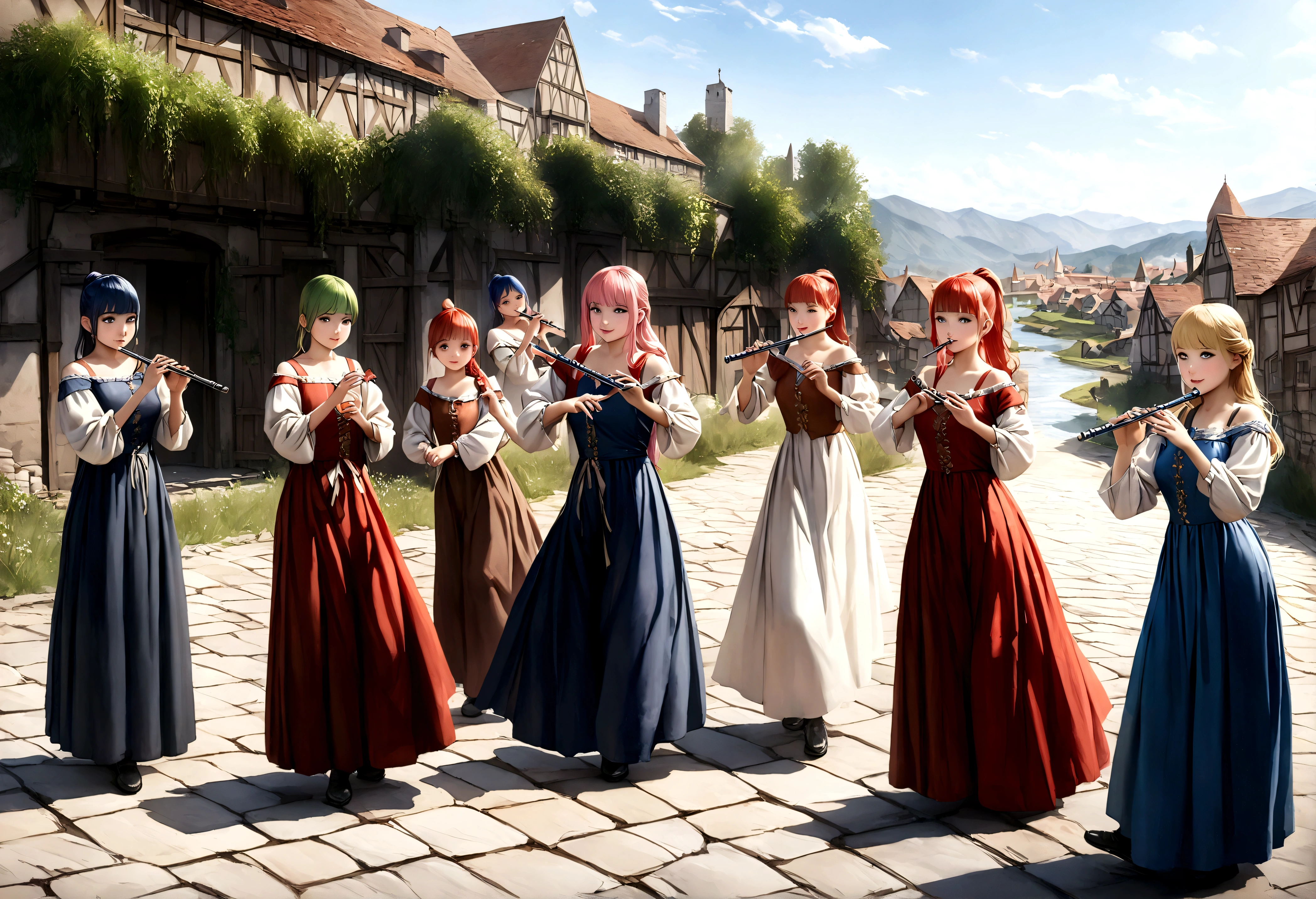 (((Top quality, 4k, 8k, high resolution, masterpiece: 1.2))), (super detailed), (realistic), (photorealistic), (photorealistic: 1.37), (HDR, UHD), (studio (lighting)), ultra-fine drawing, sharp focus, physically based rendering, highly detailed, professional, vibrant colors, perfect ditaile hand, highly detailed realistic eyes, girl, one girl, multiple girls, A lot of girls, smile, open mouth, close mouth, short hair, medium hair, medium length, long hair, ponytail, red hair, blue hair, blonde hair, green hair, pink hair, medieval European clothing, Citizen's Clothing from Medieval Europe, miniskirt, mid-length skirt, long skirt, chinos pants, (((playing the flute, Dancing Girls))), Medieval European town, Countryside, Medieval European rural village, Rural grassland, Mountain view, Rural river, Irrigation canal, anime, cartoon, kawaii, qute, (((Long shot, Panorama, Distant view, Vast landscape))), knees, feet, looking at viewer,