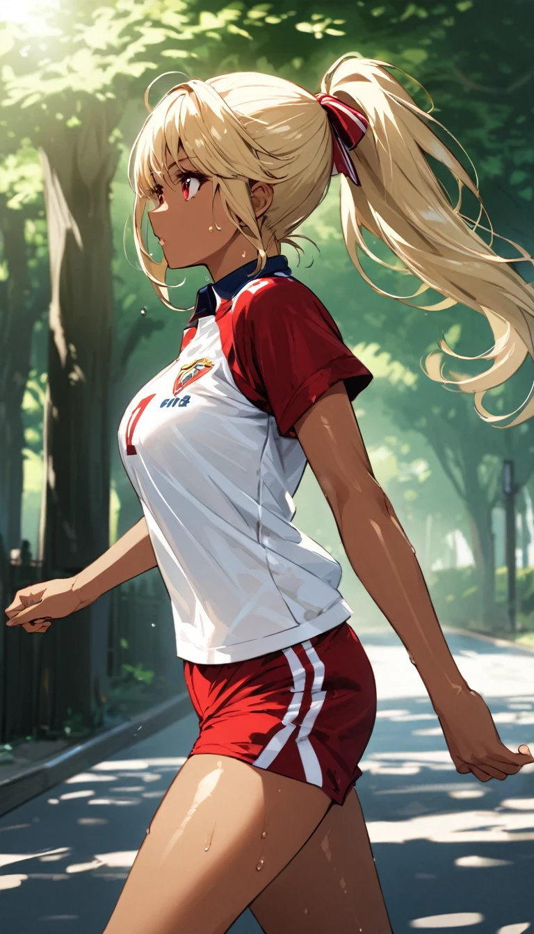(masterpiece)、(absurdres)、(ultra detailed)、(solo lady)、(blonde hair:1.0)、(shiny red eyes:1.1)、(highponytail:0.9)、(a little red libbon:0.8)、(long hair:0.7)、(middle breast:0.8)、(Volleyball player uniform、Shorts),top sun lighting、Tree-lined street、tan skin,sweat,running pose:0.8、side view,looking away:1.1,Looking into the distance、