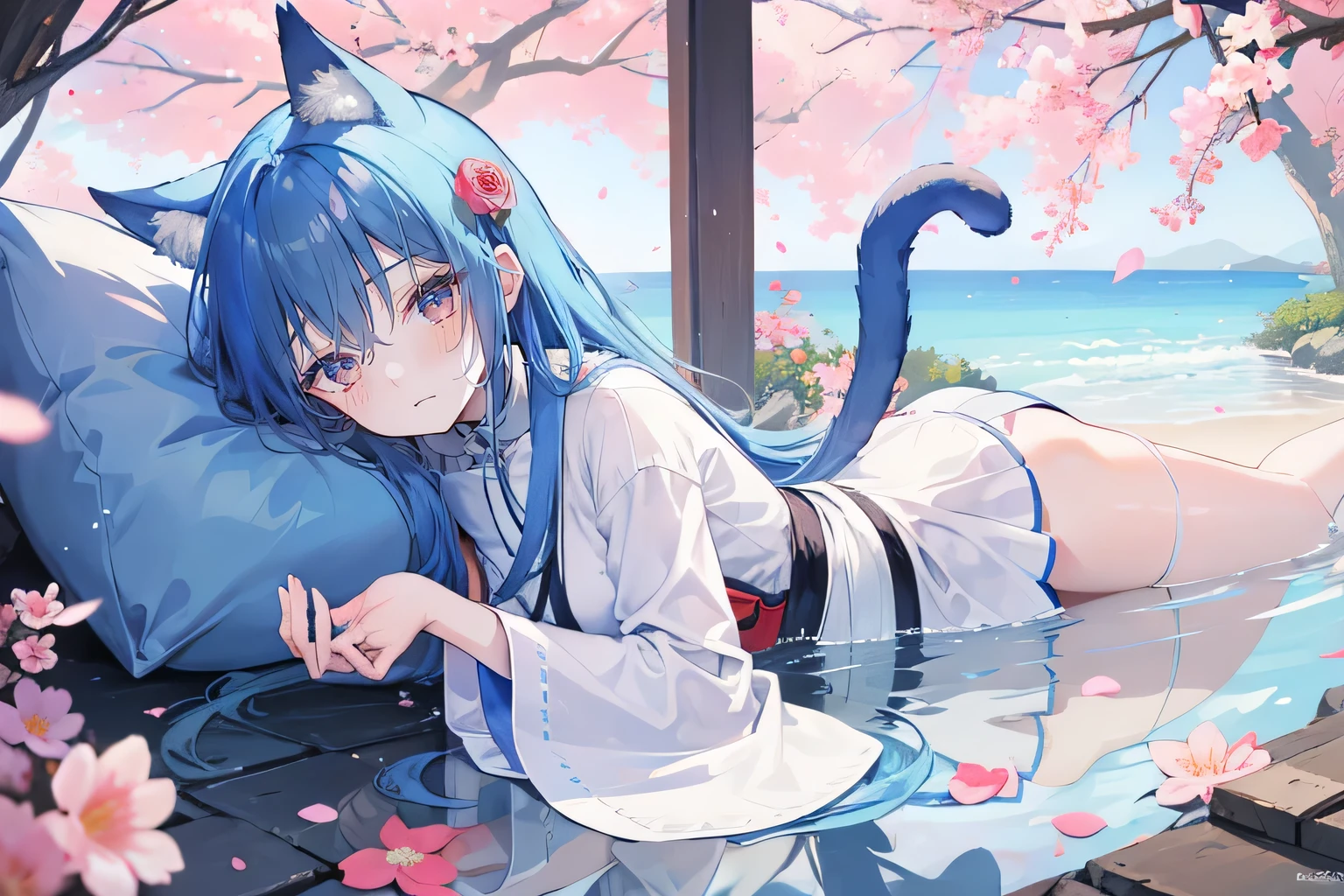 (masterpiece:1.2),Super detailed,lifelike,Expressive eyes,fair skin,perfect face shape,1 girl,
Japanese comics,Gorgeous blue hair,flowing blue hair,flowing clothes,Cat ears,Petals fall,beautiful lola,Baby Angel,
Shaking head with one hand,Cross your legs,,The pavilion is cool and comfortable,smile,back views,sunrise,Petals fall, winter,lie on the water,Nun's Clothes,stately church。