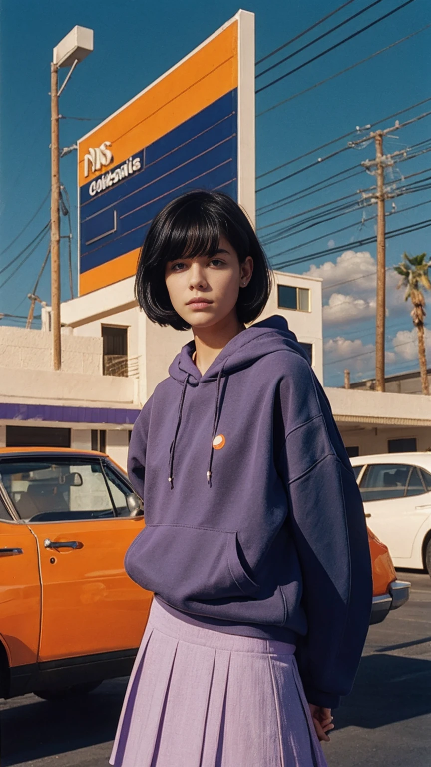 long shot portrait of cute 23 yo girl ,wear ((orange color oversized_hoodie)), wear ((purple tennis skirt)),looking front,Best Quality,Masterpiece,Ultra High Resolution,(Realisticity:1.4),Original Photo, 1Girl, light leak,ultra high resolution,UHD,beautiful, (black bob hair), almond eye, no makeup, in front of (80's mondrian architecture motel), (realistic:1.2), (surreal:1.3), (very detailed:1.1), ((masterpiece)),summer, blue sky, palm trees,sunny, los angles vibes,film camera, 800mm lens,style of Philip Lorca diCorcia