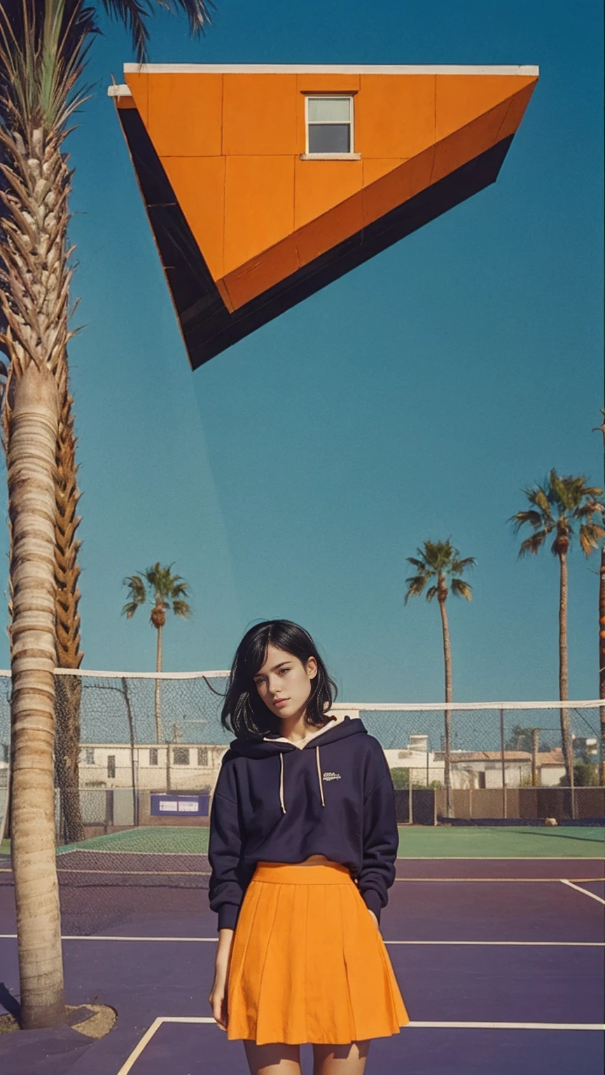 long shot portrait of cute 23 yo girl ,wear ((orange color oversized_hoodie)), wear ((purple tennis skirt)),looking front,Best Quality,Masterpiece,Ultra High Resolution,(Realisticity:1.4),Original Photo, 1Girl, light leak,ultra high resolution,UHD,beautiful, (black bob hair), almond eye, no makeup, in front of (80's mondrian architecture motel), (realistic:1.2), (surreal:1.3), (very detailed:1.1), ((masterpiece)),summer, blue sky, palm trees,sunny, los angles vibes,film camera, 800mm lens,style of Philip Lorca diCorcia