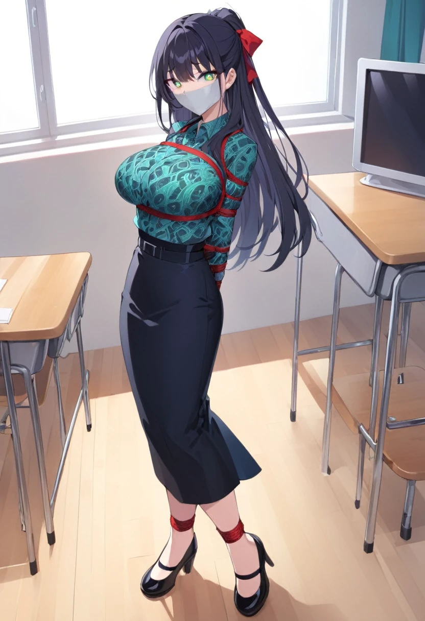 score_9, score_8_up, source_anime, 1girl, solo, long hair,black hair, hair ribbon, green eyes,high-waist skirt, The uniform features a vibrant, green batik patterned shirt with long sleeves. A simple black belt cinches the waist.,long skirt, blue navy skirt,, long sleeves, , standing, indoors, classroom,school, shoes, (bound wirsts), (arms behind back), (tapegag, tape gag), dramatic,  (looking at viewer), (detailed pupils:1.3),pencil skirt,big breast ,red rope, thick rope