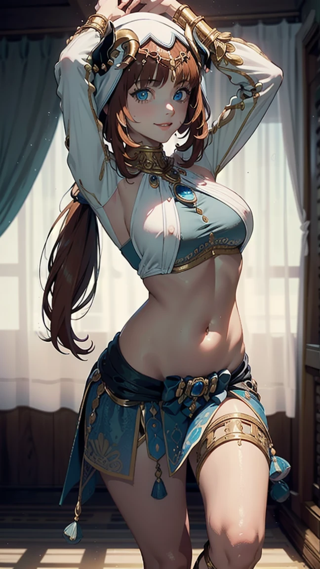 ((masterpiece)),(bestquality),((ultra-detailed)), (beautiful detailed face), depth of field,detailed,((beautiful detailed eyes)), medium breast, niloudef, full body, Belly Dancing pose, sensual, seductive. Theatre scenario background. Smiling.