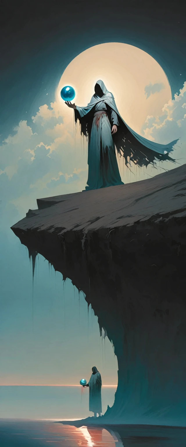 Astrologer standing on the edge of a cliff,Holding a magic ball in hand,Alex Andreev Style - Absurd、Fear、Minimalist Surrealism