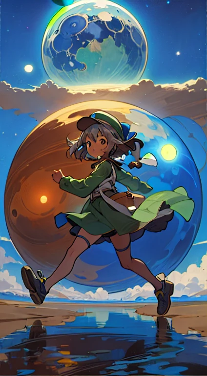 ((Girl in green hat and brown dress)), (Dark Skin), (Ahoge) , (Gray Hair) , ((running)) , ((A planet with a blue sky and a blue moon)) , (Heavenly Planet) , Official Art, By Yoshihiko Wada, inspired By Yoshihiko Wada, Gwaiz, Today&#39;s featured anime is still, Anime Key Visual Concept, artwork in the style of Gwaiz, Hiro Yamagata