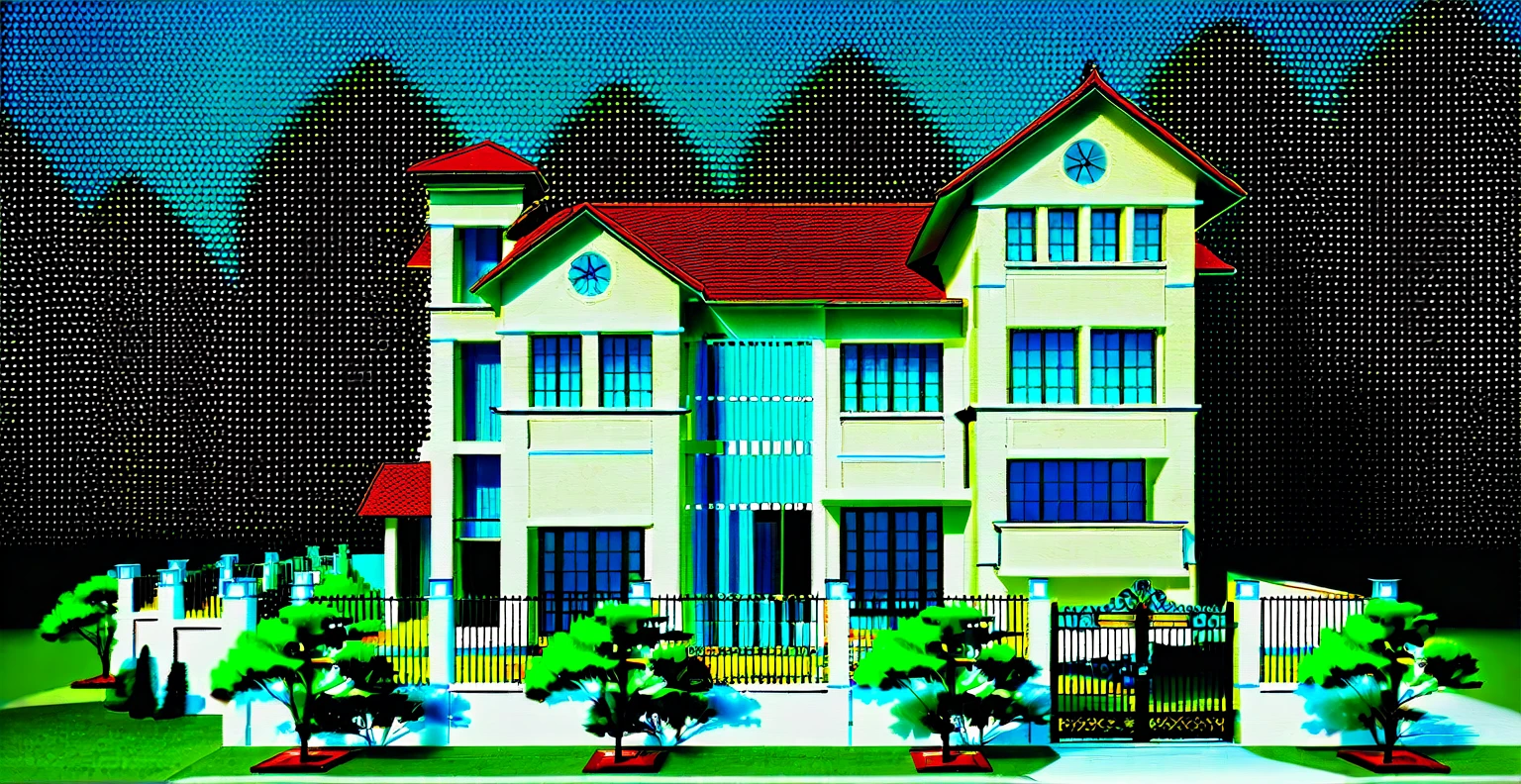 rendering of a two story house with a red roof and a gate, residential, front elevation view, architectural rendering, frontview, residential design, precise architectural rendering, exterior design, wide establishing shot, elevation view, inter dimensional villa, architectural illustration, architectural render, overall architectural design, digital rendering, architectural 3 d render, neo - classical style, cartoon style, front elevation