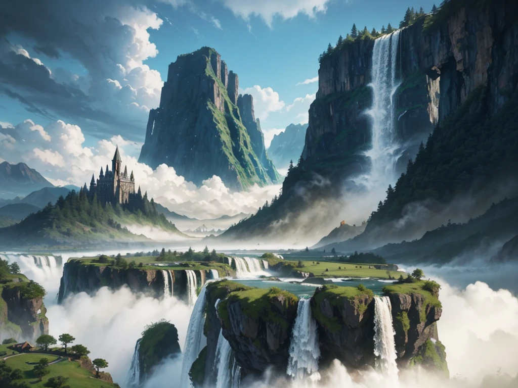 Alpha landscape of waterfall，Towers and waterfalls in the background, Fantasy painting，Lovely, landscape painting, Game Art Painting, Illustrations,  Concept Art， Concept Art, 2. 5D CGI anime fantasy artwork, Dreamy matte finish, Fantasy painting, Avatar Landscape, Game map painting