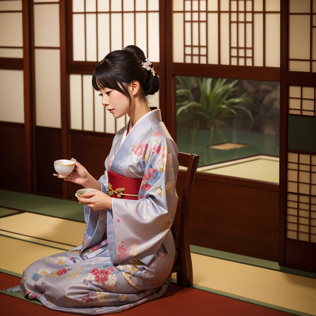 A woman in a kimono drinks tea in a Japanese-style room