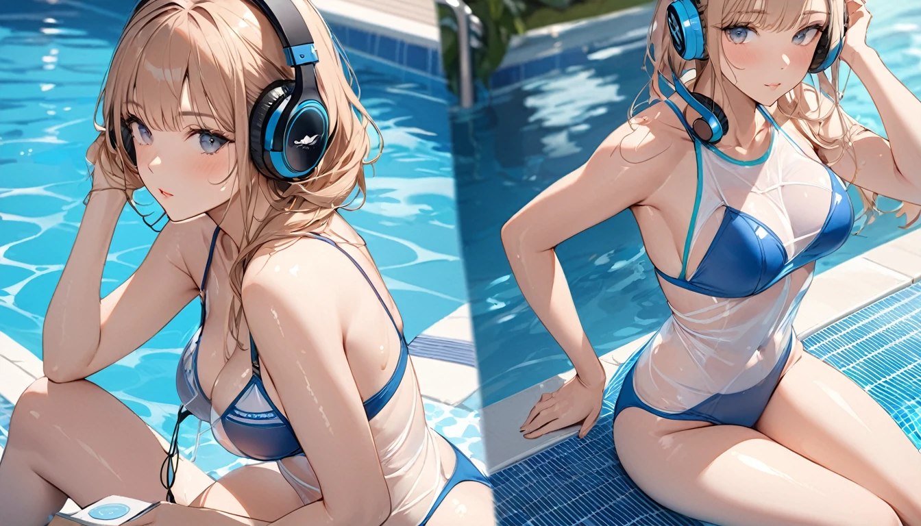 ((Top Quality)), ((Masterpiece)), ((Details)), perfect face, perfect body, sitting on the swimming pool, listening to music, wearing headphones, wearing swimsuit, swimsuit transparent, tight with buttocks and breasts exposed Woman with clothes on and face visible