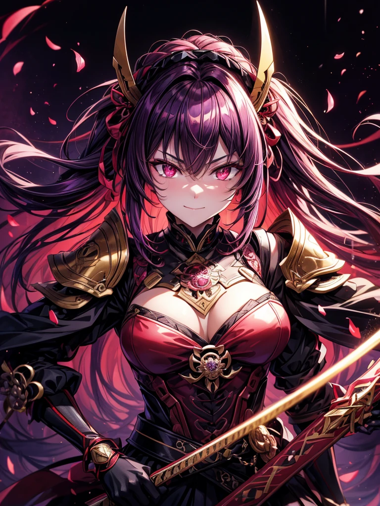best quality,4K,high resolution),Ultradetailliert,realistisch,portrait, Lila Samurai Sukkubus mit einen katana dunkelrotem Haar, a purple-dark red armor with gold neon lights with gold trim and glowing red eyes, Leuchtende Farben, delicate features,  glance, Charming smile, wallende Haare, sanfte Beleuchtung