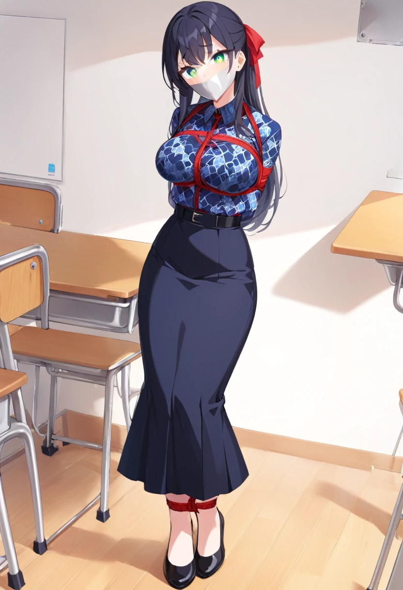 score_9, score_8_up, source_anime, 1girl, solo, long hair,black hair, hair ribbon, green eyes,high-waist skirt, The uniform features a vibrant, blue batik patterned shirt with long sleeves. A simple black belt cinches the waist.,long skirt, blue navy skirt,, long sleeves, , standing, indoors, classroom,school, shoes, (bound wirsts), (arms behind back), (tapegag, tape gag), dramatic, (looking at viewer), (detailed pupils:1.3),pencil skirt ,red rope, thick rope,normal breast