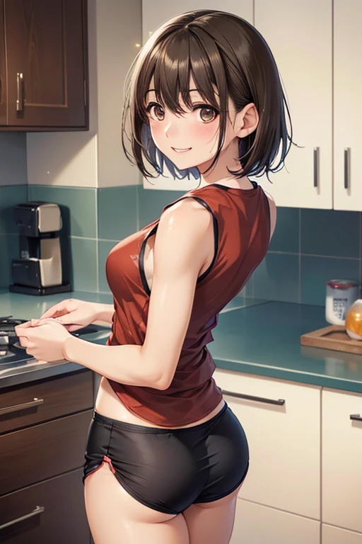 anegasaki nene、Shiny brown hair, short hair, (Beautiful brown eyes、Sparkling eyes, Fine grain)、smile、Super detailedな目、Highly detailed face, Highly detailed eyes,
最high quality、Best image quality、masterpiece、high quality、Written boundary depth、movie、Visual Arts、Perfect art、8K,
(clothing:2.0, Sleeveless T-shirt:1.8, boxer shorts:1.8), (Wet:1.2), ((smile:1.2, short hair:1.2, Butt:1.5)), (kitchen:1.5), ((Japanese, 1 Girl, 18-year-old, 7 heads, Ideal body type, Erect nipples, Beautiful legs, )), Surrealism, movie照明, Written boundary depth, debtirst Person View, debt/1.8, 135mm, Ticker, masterpiece, Collect and organize, ((Anatomically correct:1.3)), Textured skin, Super detailed, High detail, high quality, Awards, 最high quality, High resolution, 8K