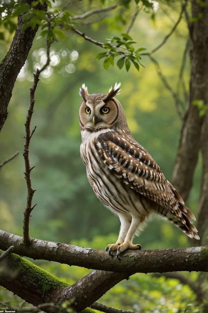 An owl, with its wide, wise eyes and feathers in shades of brown and white, is perched gracefully on a low branch. Below it, a young deer with a soft, tawny coat and white spots walks calmly. They move together in harmony, surrounded by a magical atmosphere, where the air feels thick with enchantment, and the soft, ethereal glow adds to the serene and mystical ambiance. The lush greenery and occasional bursts of colorful flowers enhance the beauty of this tranquil scene.