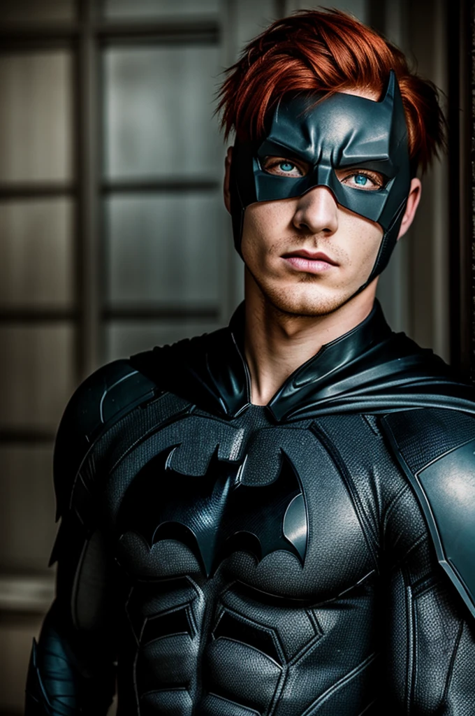 20 year old boy, redhead, lower lip piercing, dark eyes. batman suit