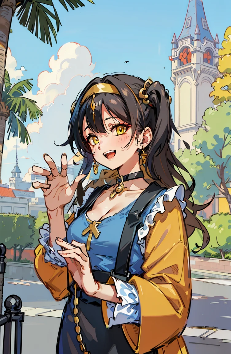(masterpiece:1.2), (high quality:1.2), (hui xiyi:0.75), rekkyo sensen, rekkyou sensen, solo focus, girls with((black hair, (tits cleavage:1.15), (waving is hands:1.2), (breasts close up:1.15), (suspenders:1.2), (dress:0.65), (blue clothes:1.05), (ribbon belt:0.7), (frills shirt:1.2), (frills camisole:1.2), exposed breasts, straps, (furry jacket, rosary choker, golden rosary:1.1), (cross:1.05), upper body, (long wavy hair:1.2), (one side up:1.2), nun, long sleeves, (perfect hands:1.05), (five fingers:1.05))), background with ((architecture, blue sky, building, bush, castle, city, cityscape, cloud, cloudy sky, day, fence, field, garden, grass, ground vehicle, hill, house, lamppost, landscape, mountain, mountainous horizon, nature, no humans, outdoors, palm tree, park, path, pavement, plant, road, rock, scenery, shrine, sky, skyline, skyscraper, street, tower, tree, tree shade, wall)), cowboy shot, anime, anime style