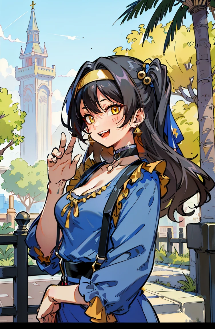 masterpiece, highest quality, One girl,Very detailed,Ukrainian facial structure,Rin々Nice face,Open Mouth Smile,Adventurer Uniform,Medieval Europe,Dynamic Action,Medium Hair,Show your armpits, Natural Beauty,Black eyes,European facial structure,The dignity of a hero,Small hair ornament,Large Breasts