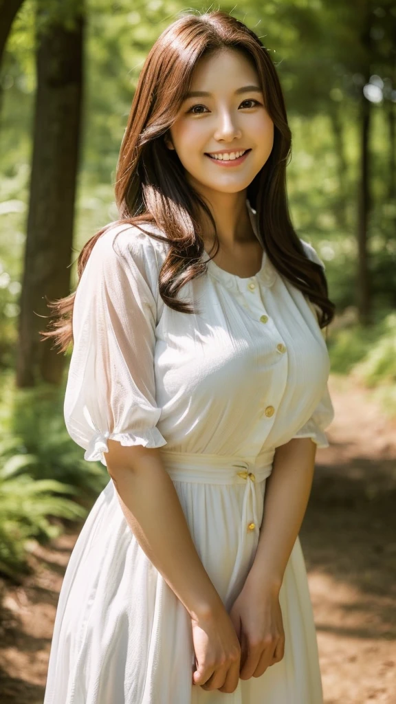 ((最high quality, 8K, masterpiece: 1.3)), (close:0.75), Realistic, Sharp focus, high quality, High resolution, Japanese middle-aged mature woman,Huge Busty Woman、29-year-old middle-aged woman、Chubby body type、Mature woman with huge breasts （Wearing a white dress with a large opening at the chest)、 ((Very strong sunlight)), smile,Brown hair Sonyoung,かわいいsmile、Enjoying the cool evening in the shade of the forest、Cowboy Shot、In an image that emphasizes the chest area