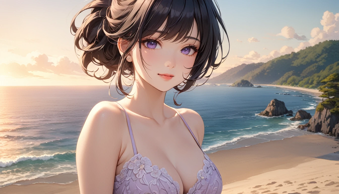 masterpiece, High resolution, Perfect Face, The Beauty of Japan, 30 years old, Beautiful Face, Beach, Light purple dress, A shy smile, Looking at the camera, (Top quality eyes), Detailed Texture, look at me, Married women, Cool women, (High resolutionの目), Black Hair, A little curvaceous