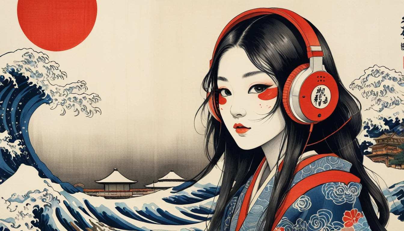 (((Japanese pattern mask))), Highest quality, Katsushika Hokusai, Ink Painting, beautiful girl, Japanese style headphones, Delicate and precise, Modern ukiyo-e style, long hair, Japanese flag