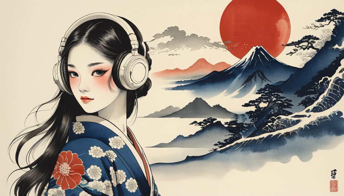 (((Japanese pattern mask))), Highest quality, Katsushika Hokusai, Ink Painting, beautiful girl, Japanese style headphones, Delicate and precise, Modern ukiyo-e style, long hair, Japanese flag