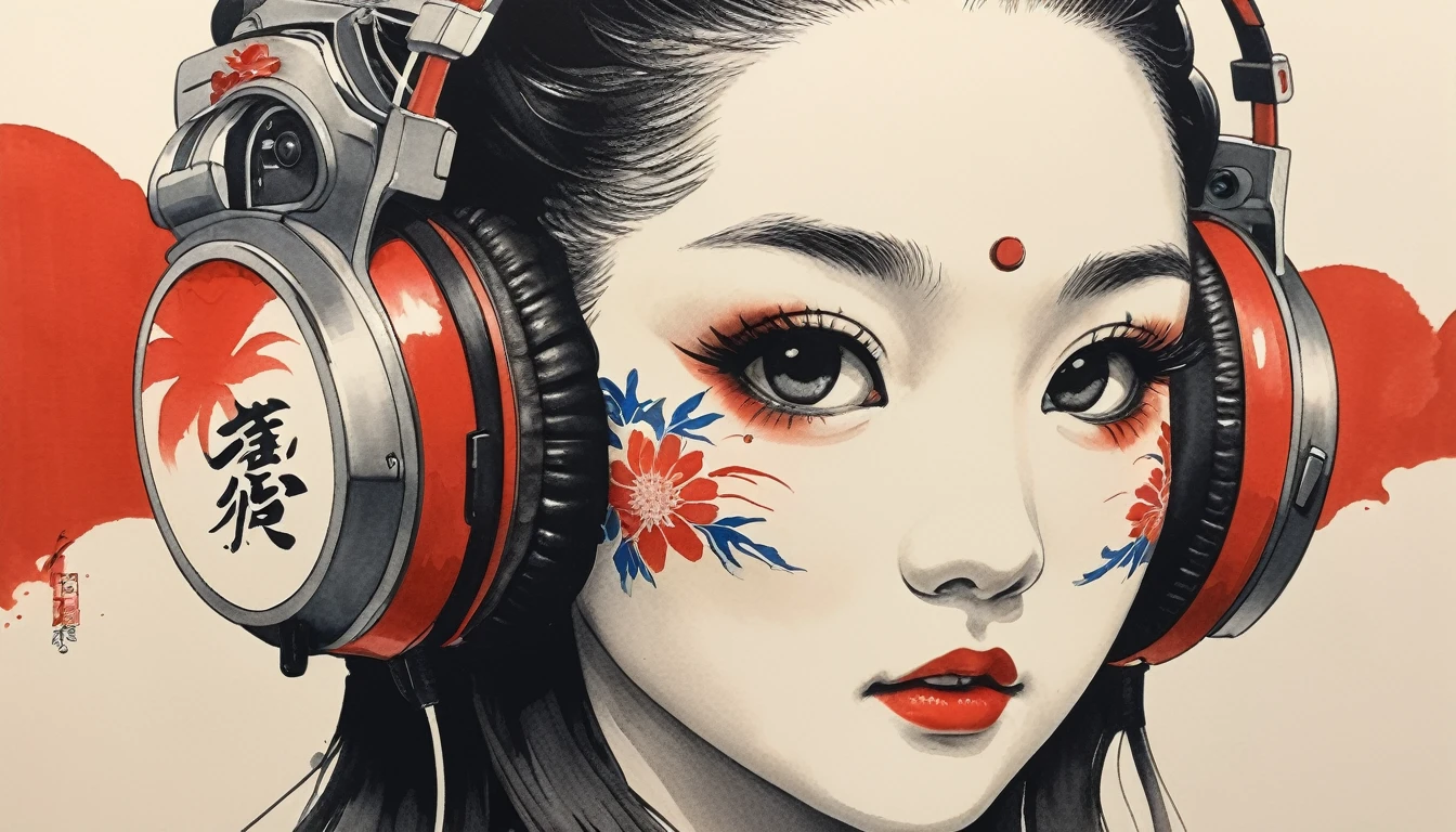 (((Japanese pattern mask))), Highest quality, Katsushika Hokusai, Ink Painting, beautiful girl, Japanese style headphones, Delicate and precise, Modern ukiyo-e style, long hair, Japanese flag