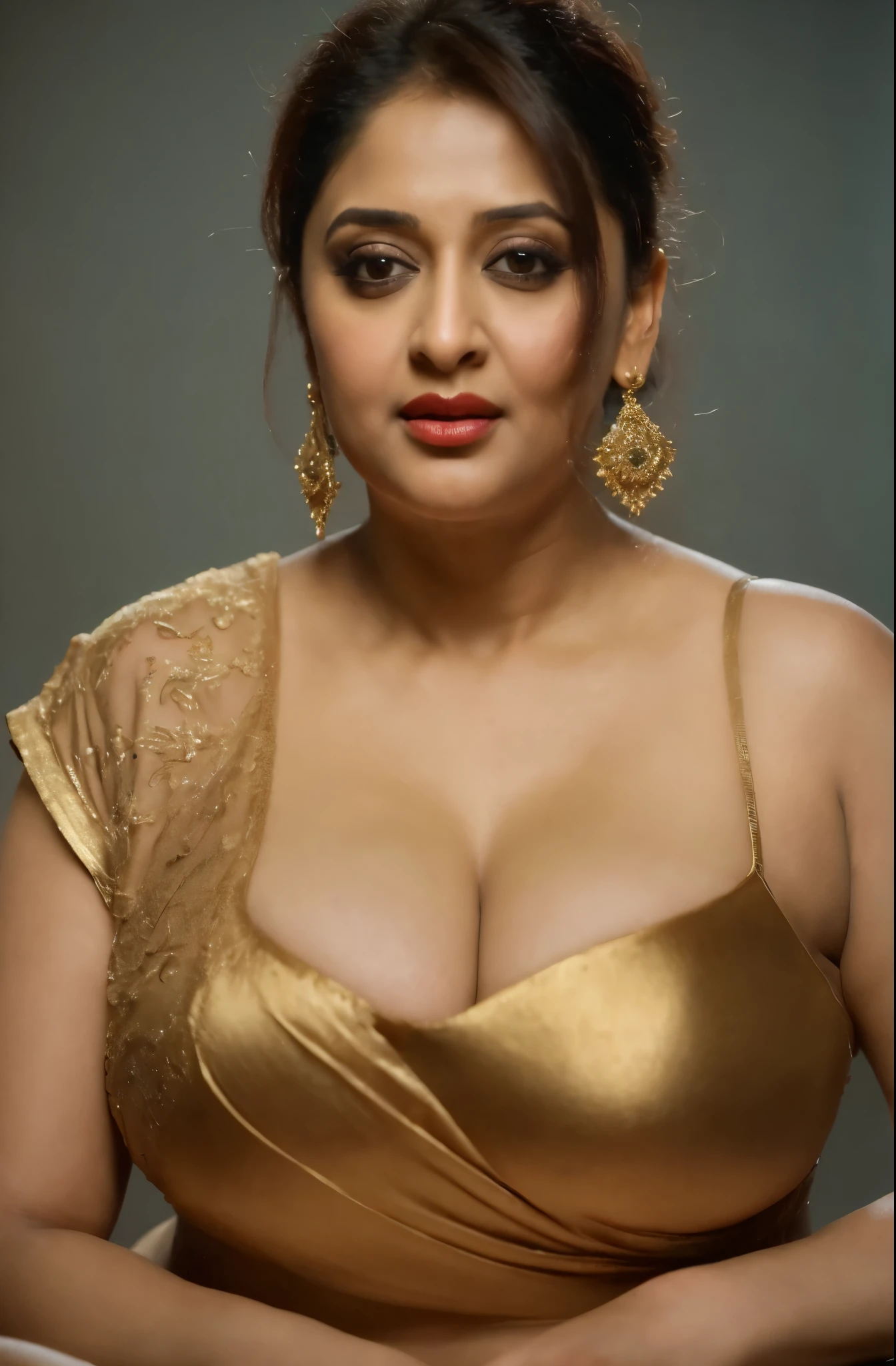 50yo mature MILF Anushka Shetty,((best quality)), ((masterpiece)), ((realistic)), eye kajal, mascara, red lips, sensual Beauty, mommy, full figured mommy, provoking body, extreme sweat, sweat soaked skin, slight stretch marks, alluring figure, bulging figure, thick charming lady, curvy, thick navel, full figured woman, eye kajal, massive breast, full body, styled hair, pierced eyes, female face,royal aura, trend on artstation , sharp focus, studio photo, intricate detail, very detailed, detailed eye, illustration, very detailed, sharp focus, digital render, professional, 4k