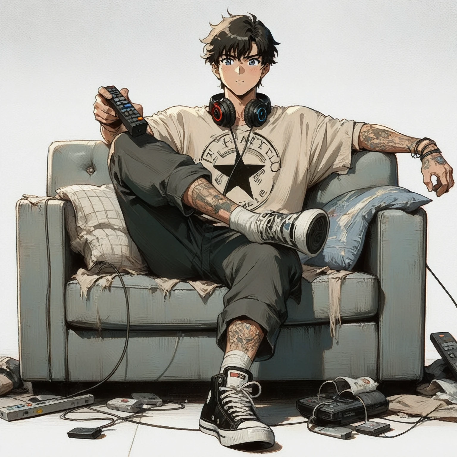 anime - style drawing of a man sitting on a couch with a remote control, anime boy, relaxing after a hard day, high quality anime artstyle, trigger anime artstyle, modern anime style, artwork in the style of guweiz, high quality fanart, gamer aesthetic, top rated on pixiv, style anime, hq artwork, anime lover