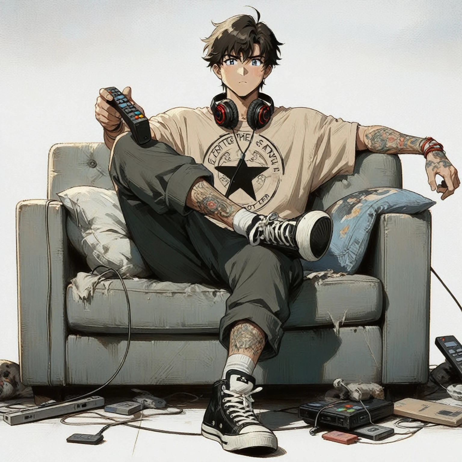 anime - style drawing of a man sitting on a couch with a remote control, anime boy, relaxing after a hard day, high quality anime artstyle, trigger anime artstyle, modern anime style, artwork in the style of guweiz, high quality fanart, gamer aesthetic, top rated on pixiv, style anime, hq artwork, anime lover