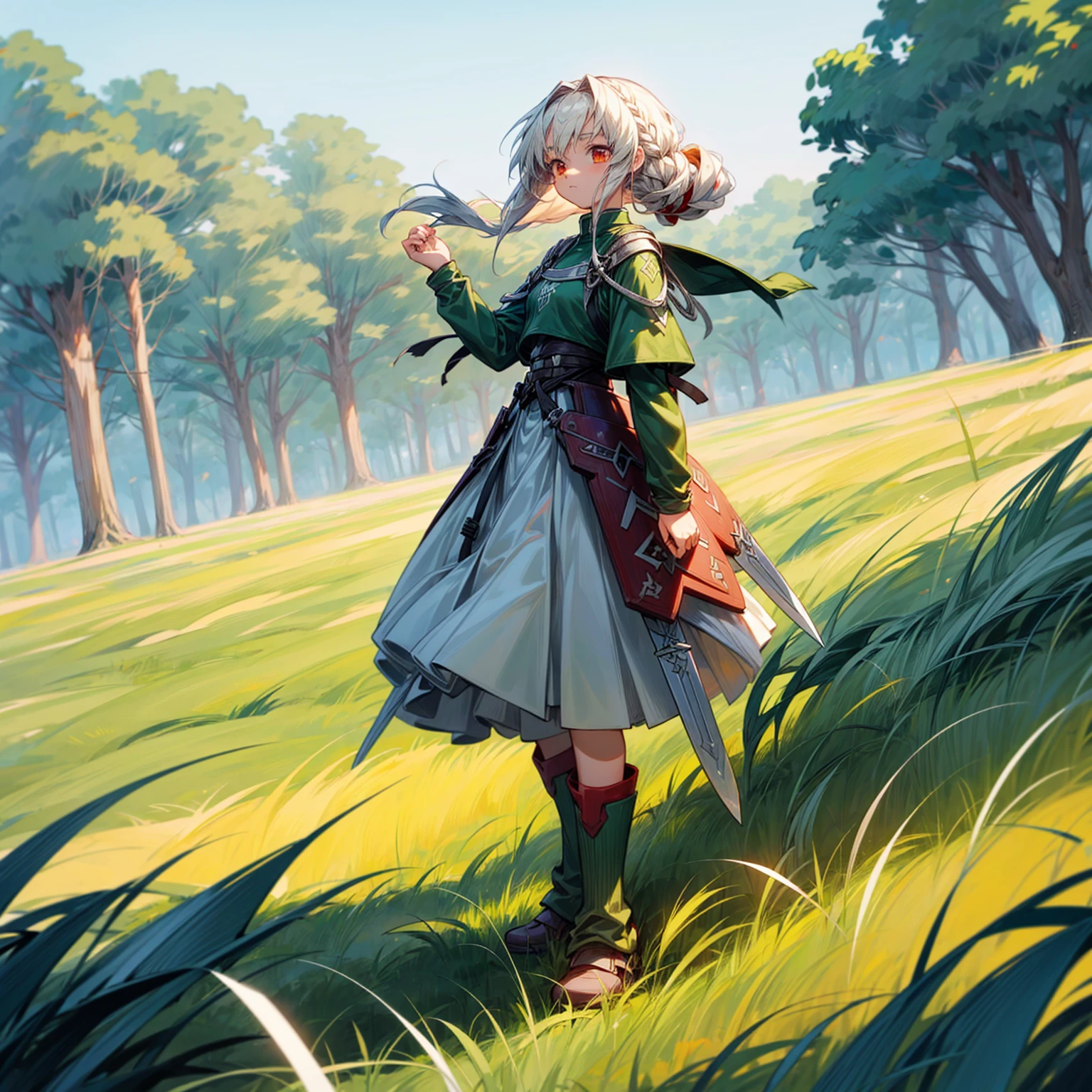 1childern girl, Full body version, 1character, light red eyes color, long classic hairstyle, white colour hair, soldier style clothing, Long skirt, long socks, long boots, armors, knife in hand, full background, Grassroots background in green field, motion blur, standing gesture, (Hunter x Hunter style art)