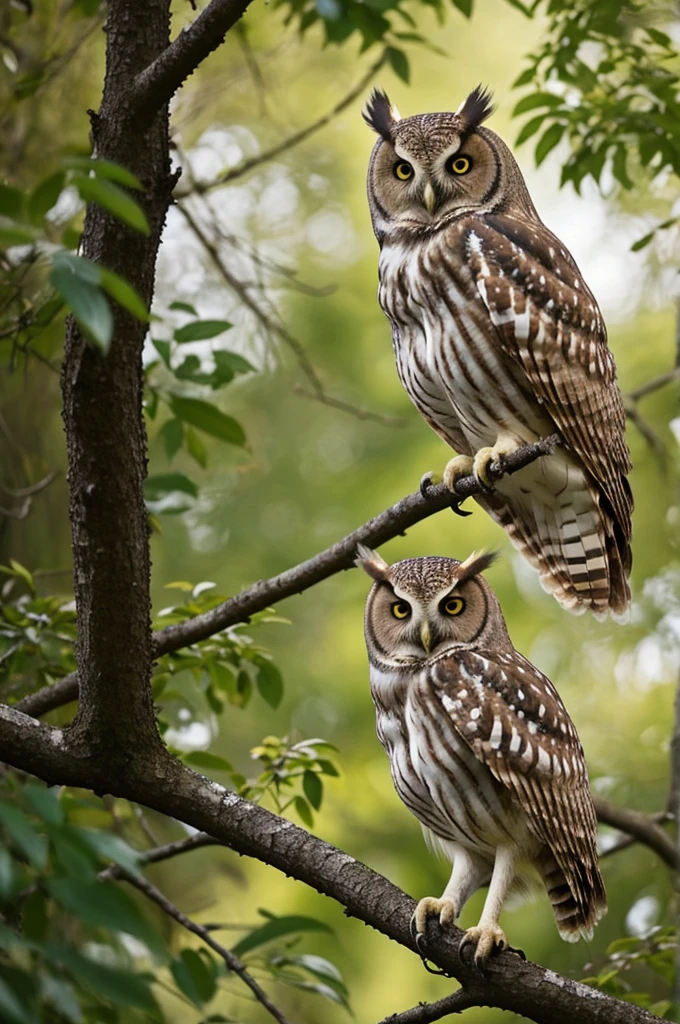 An owl, with its wide, wise eyes and feathers in shades of brown and white, is perched gracefully on a low branch. Below it, a young deer with a soft, tawny coat and white spots walks calmly. They move together in harmony, surrounded by a magical atmosphere, where the air feels thick with enchantment, and the soft, ethereal glow adds to the serene and mystical ambiance. The lush greenery and occasional bursts of colorful flowers enhance the beauty of this tranquil scene.