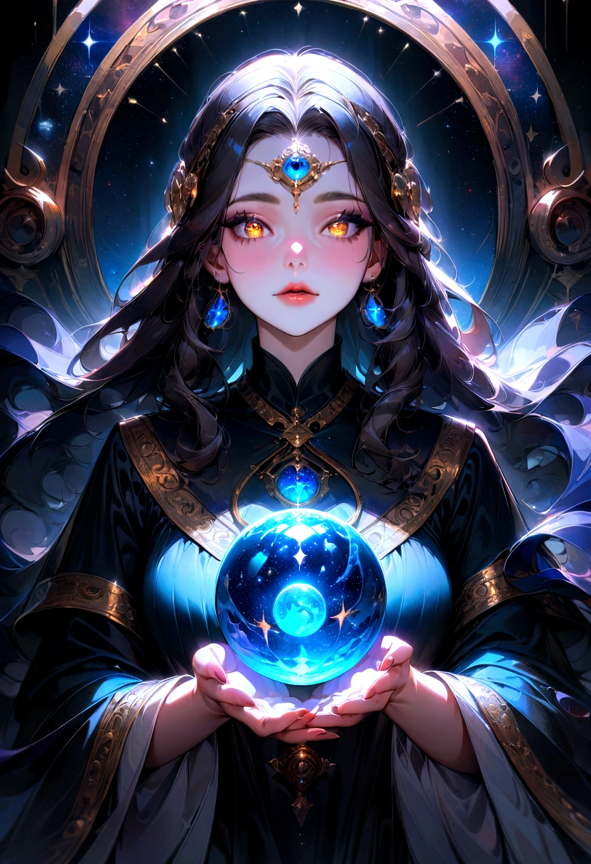 1girl, Astrologer, A beautiful astrologer woman, detailed intricate face, piercing eyes, full lips, long eyelashes, elegant mystical expression, flowing robe, holding crystal ball, starry cosmic background, dramatic lighting, digital art, highly detailed, 8K, masterpiece, best quality, very aesthetic, absurdres