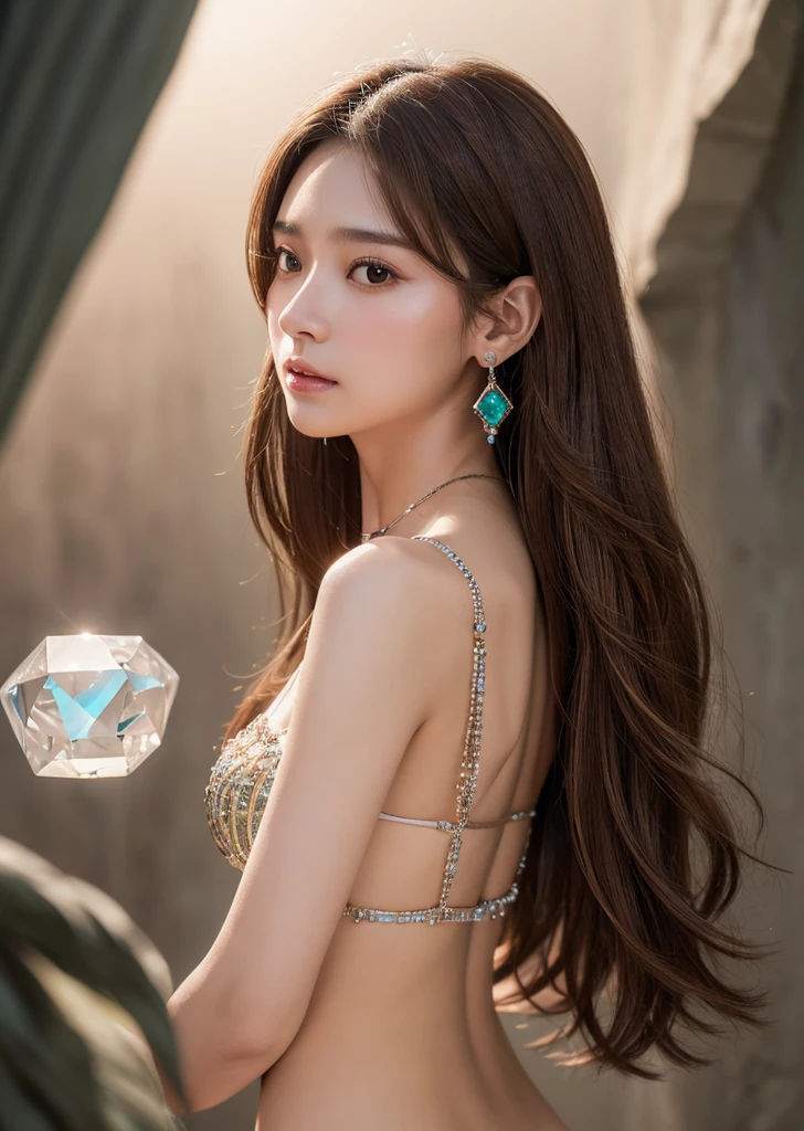 Flat Chest、(Slim body）、((Slim body))、Long Hair,masterpiece,diamond、big diamond necklace、Earrings,background of fantasy,(((Brown Hair)))、美しいきらめくcrystal玉, mystical 、Magic Ball、crystal、Fortune telling、Magical fantasy enchanted ethereal, Cinematic shots, Movie Scenes, amazing, Breathtakingly beautiful, たくさんのcrystalに囲まれて、Multicolored gemstones、Raw stone chunk、宝石からパワーとLightが満ち溢れている、A magical feeling in the air, Magical fantasy, Diffuse lighting、 Highest quality, High resolution, unity 8k wallpaper, (shape:0.8), (Beautiful details:1.6), Highly detailed face, Mr.々A gem、crystalからLight線、Light、whole body、turn around and look back、