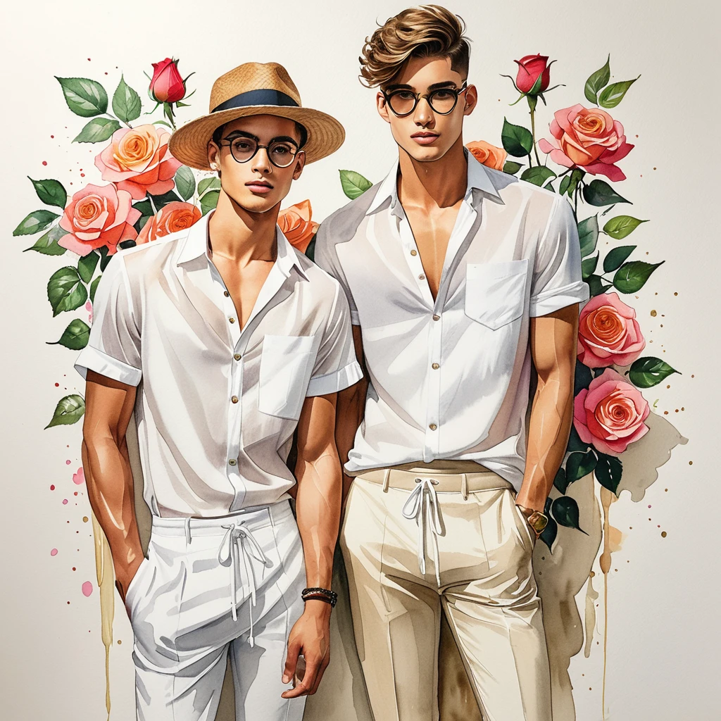 candid fashion illustration of young Mixed race 2man, both aged 18-23 year old, ((showcase fashion look book in White linen outfits)), the design inspired by David Austin Rose, in elegant chic style. The man wears an oversized short-sleeved shirt with a minimal rose embroidery details, paired with relaxed-fit white Short with Drawstring, He completes his look with white sneakers and round glasses. The boyfriend complements him in a Calf-length skinny fitted pants in a stripe woven cotton, semi bulge, He resemble includes an accessorizes with a brimmed straw hat and white sneakers, Captured in a low angle, ((full-body image)), ((roses drawing in water color in background)), fashion sketching, realistic drawing, ((imperfect water color drawing)), fashion look book, fashion illustrator, fashion sketch design, gay, gay couple,