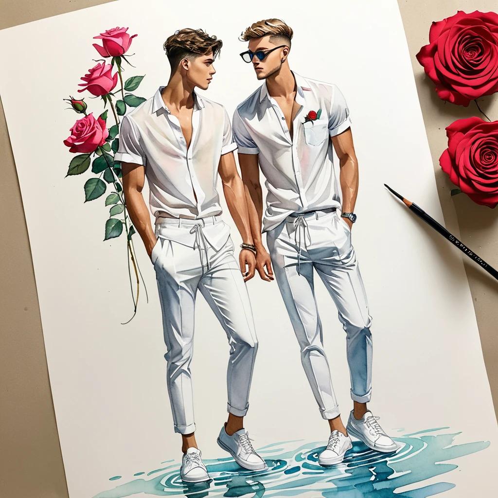 candid fashion illustration of young Mixed race 2man, both aged 18-23 year old, ((showcase fashion look book in White linen outfits)), the design inspired by David Austin Rose, in elegant chic style. The man wears an oversized short-sleeved shirt with a minimal rose embroidery details, paired with relaxed-fit white Short with Drawstring, He completes his look with white sneakers and round glasses. The boyfriend complements him in a Calf-length skinny fitted pants in a stripe woven cotton, semi bulge, He resemble includes an accessorizes with a brimmed straw hat and white sneakers, Captured in a low angle, ((full-body image)), ((roses drawing in water color in background)), fashion sketching, realistic drawing, ((imperfect water color drawing)), fashion look book, fashion illustrator, fashion sketch design, gay, gay couple,