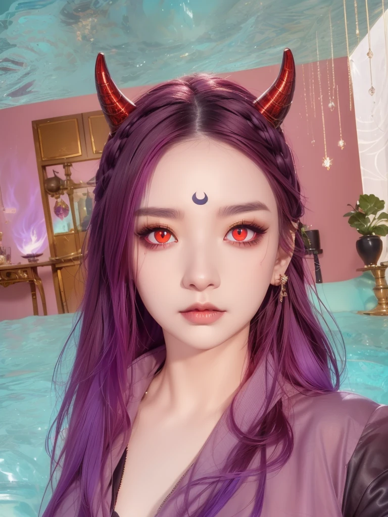 a close up of a woman with horns and a purple hair, (red eyes:1.5) , dark piercing eyes, devious evil expression, character close up, piercing gaze, ( ( deep black eyes ) ), cat - like scarlet eyes, cruel korean goth girl, with long hair and piercing eyes, close up character, glowing ember eyes, character close-up