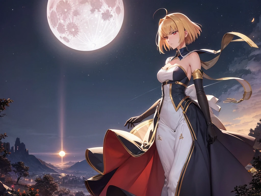 1girl, archetype earth \(hime\),arcueid \(tsukihime\), arcueid \(dress\), breasts, cleavage, detached collar, detached sleeves, full moon, gloves, large breasts, looking at viewer, moon, night, night sky, sky, annoyed, solo, white gloves, (standing:1.4), fullbody, red eyes, ruby eyes, blonde hair