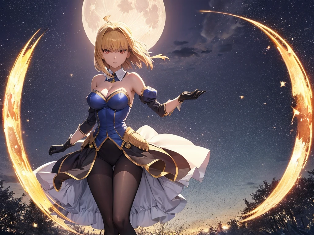 1girl, archetype earth \(hime\),arcueid \(tsukihime\), arcueid \(dress\), breasts, cleavage, detached collar, detached sleeves, full moon, gloves, large breasts, looking at viewer, moon, night, night sky, sky, annoyed, solo, white gloves, (standing:1.4), fullbody, red eyes, ruby eyes, blonde hair