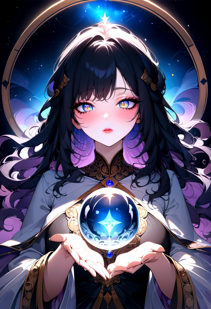 1girl, Astrologer, A beautiful astrologer woman, detailed intricate face, piercing eyes, full lips, long eyelashes, elegant mystical expression, flowing robe, holding crystal ball, starry cosmic background, dramatic lighting, digital art, highly detailed, 8K, masterpiece, best quality, very aesthetic, absurdres