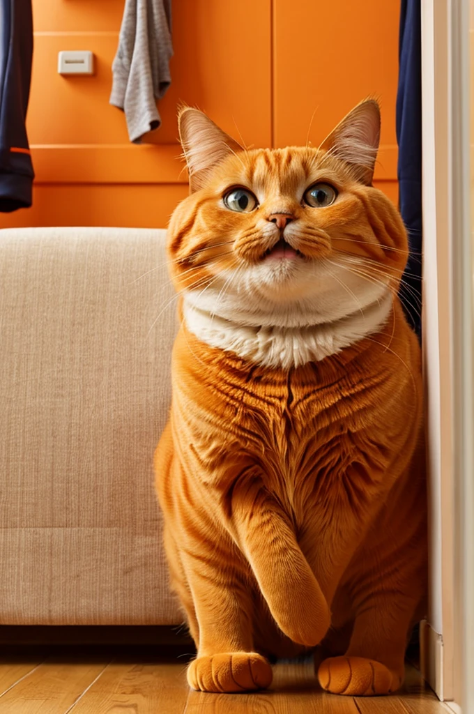 An anthropomorphic orange fat cat，big eyes，Warm smile，Wear sportswear，Getting ready for a run