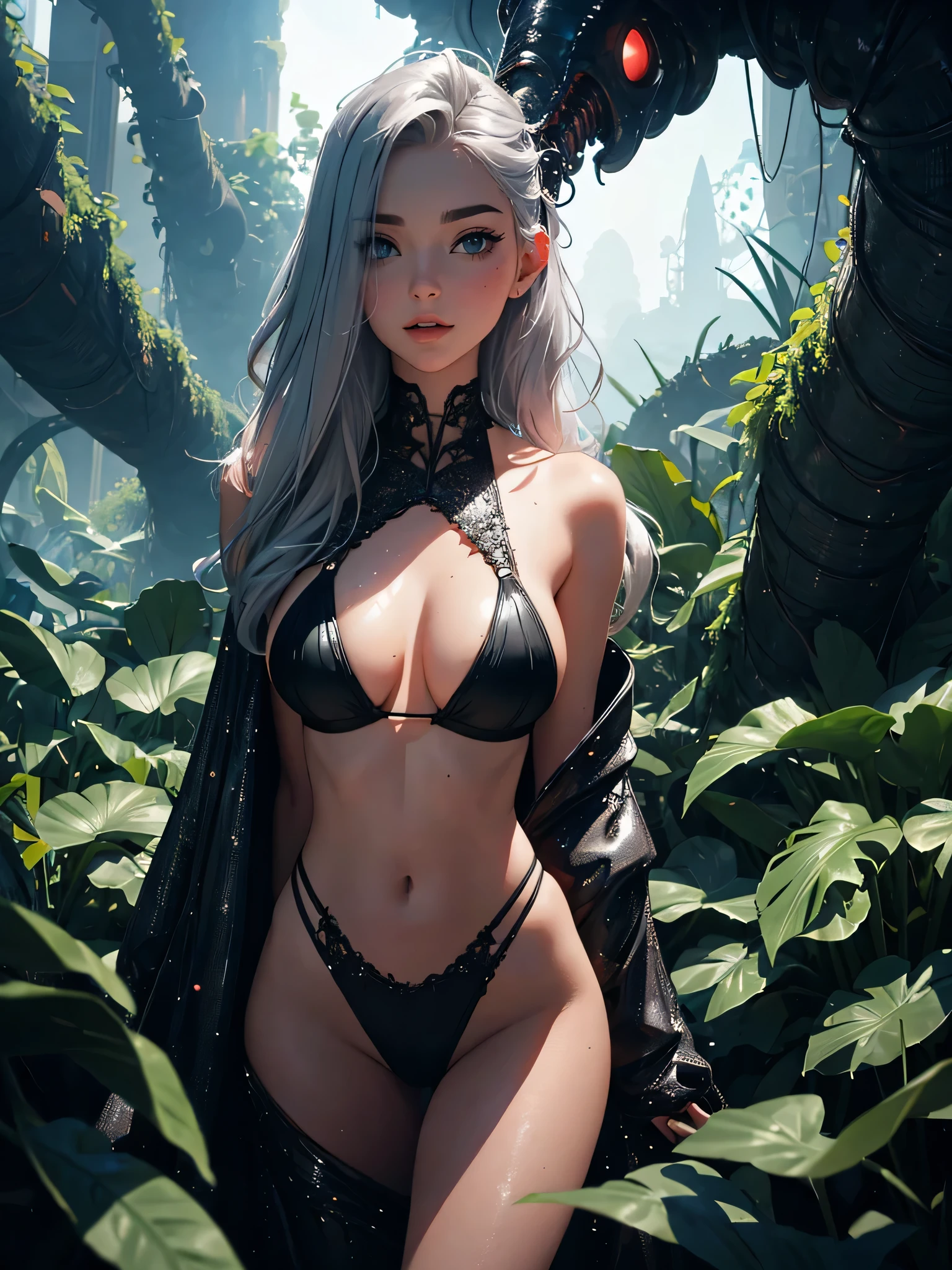 1 girl in a silver sexy exploration bikini, gorgeous woman, beautiful detailed eyes, beautiful detailed lips, extremely detailed eyes and face, long eyelashes, tentacle vines, enormous man eating maw, alien landscape, man-eating plants, 50s sci-fi, cinematic lighting, dark moody atmosphere, vivid colors, photorealistic, highly detailed, 8k, best quality, masterpiece (show her entire body, show all of her, full body shown)