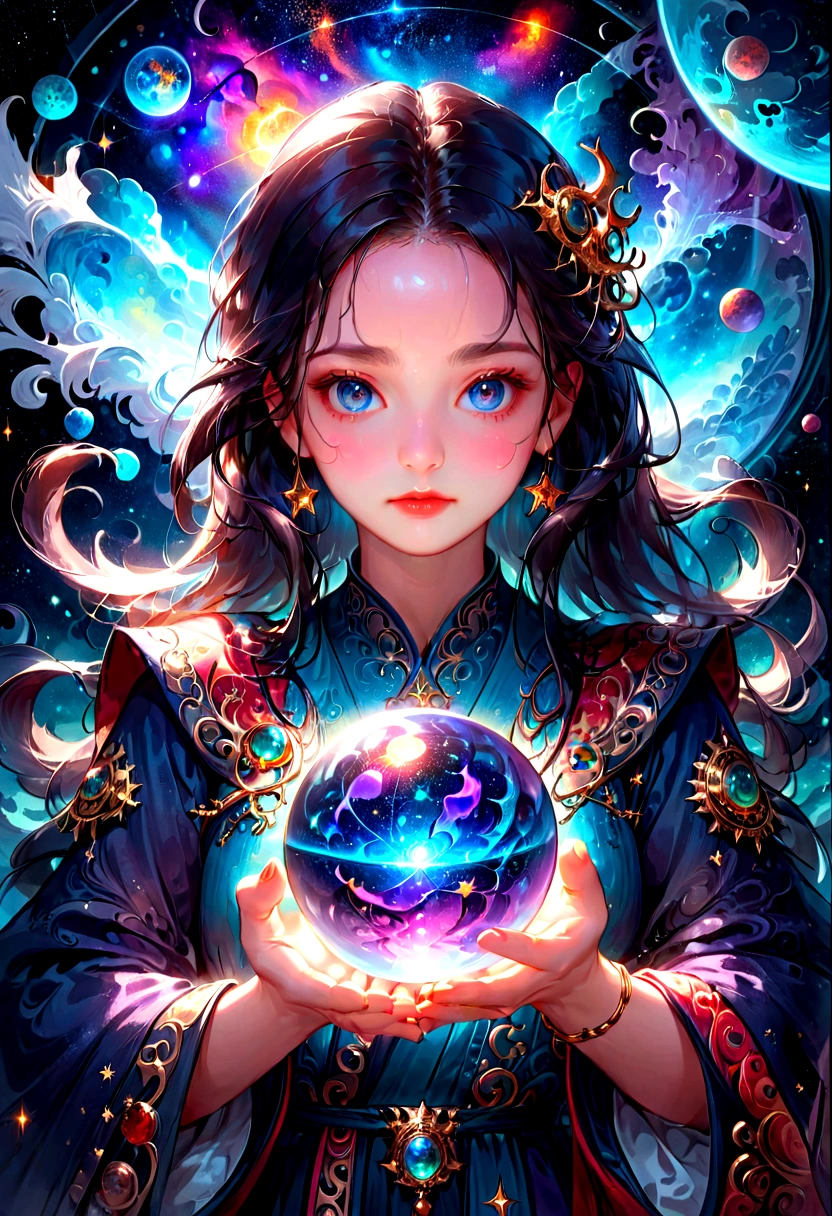 1girl, Astrologer, A beautiful astrologer woman, detailed intricate face, piercing eyes, full lips, long eyelashes, elegant mystical expression, flowing robe, holding crystal ball, starry cosmic background, dramatic lighting, digital art, highly detailed, 8K, masterpiece, best quality, very aesthetic, absurdres