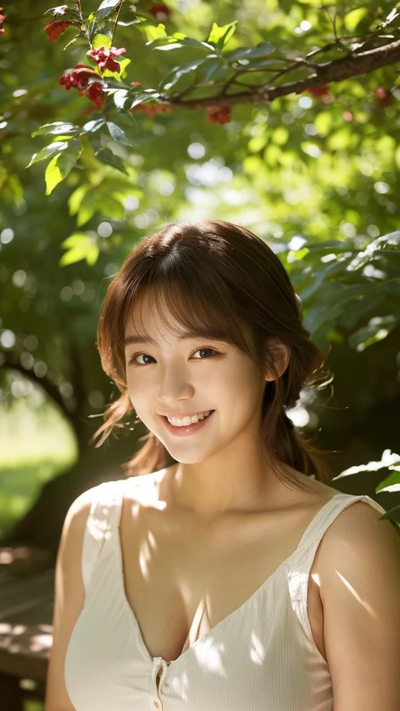 ((最high quality, 8K, masterpiece: 1.3)), (close:0.75), Realistic, Sharp focus, high quality, High resolution, Japanese middle-aged mature woman,Huge Busty Woman、29-year-old middle-aged woman、Chubby body type、Mature woman with huge breasts (Wearing a white dress with a large opening at the chest)、 ((Very strong sunlight)), smile,Brown hair Sonyoung,かわいいsmile、Sit on a bench in the shade of a forest tree、Cowboy Shot、In an image that emphasizes the chest area