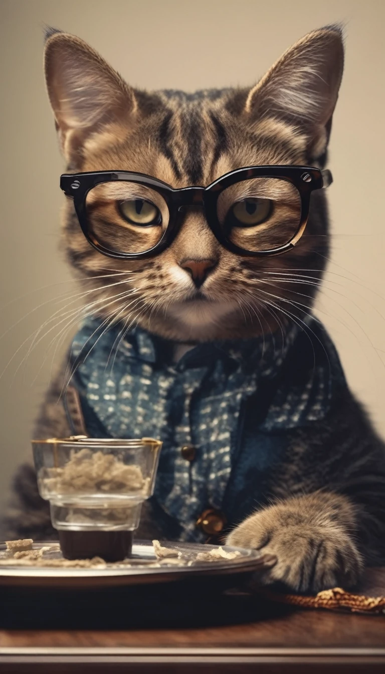 A cat wearing glasses sits at the table，On the desktop are architectural design drawings，Dressed in father&#39;s attire，Warmth，Clear picture quality，Optimal lighting，The best shadow，Very exquisite，Delicate facial expressions，Clear image quality