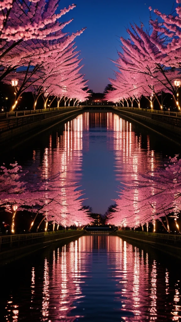 Fantastic scenery，Cherry blossoms at night reflected on the water surface