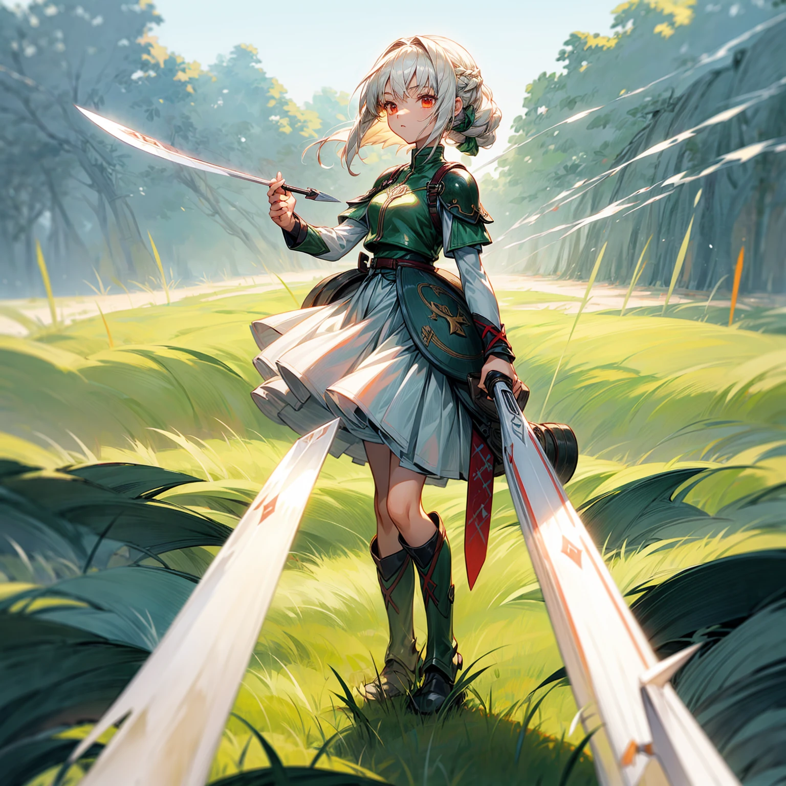 1childern girl, Full body version, 1character, light red eyes color, long classic hairstyle, white colour hair, soldier style clothing, Long skirt, long socks, long boots, armors, knife in hand, full background, Grassroots background in green field, motion blur, standing gesture, (Hunter x Hunter style art)