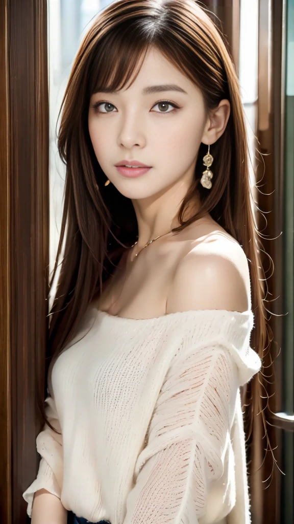 Ultra High Definition, Superior Quality, Premier Quality, ultra detailed, Photorealistic, 8k, RAW Photos, highest quality, masterpiece, Attractive girl, Stunning girl, Brown Hair, Shoulder Length Layered, asymmetrical bangs, Japanese Idol, Sophisticated, Stylish, off-shoulder top, Shibuya,