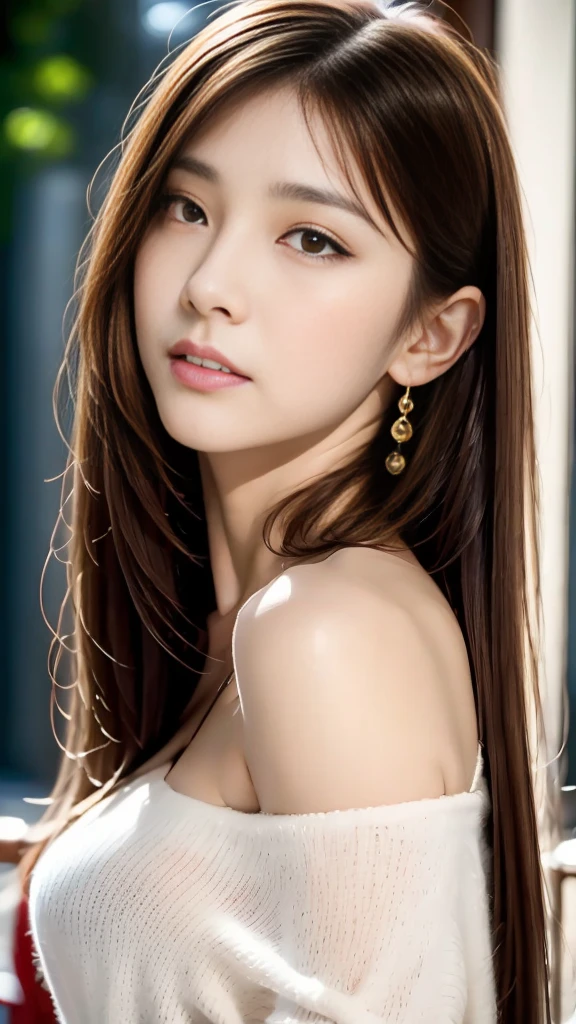 Ultra High Definition, Superior Quality, Premier Quality, ultra detailed, Photorealistic, 8k, RAW Photos, highest quality, masterpiece, Attractive girl, Stunning girl, Brown Hair, Shoulder Length Layered, asymmetrical bangs, Japanese Idol, Sophisticated, Stylish, off-shoulder top, Shibuya,