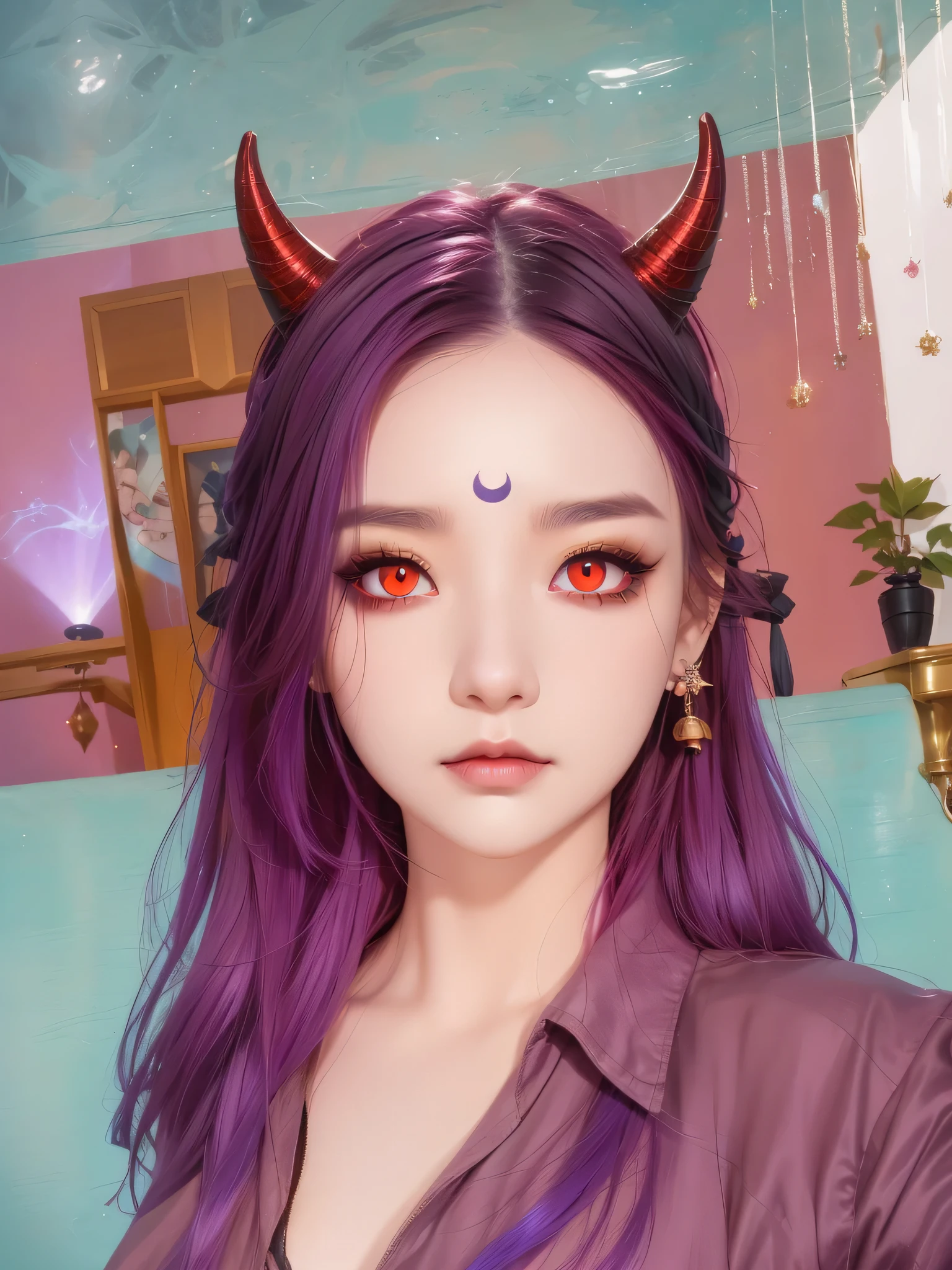 a close up of a woman with horns and a purple hair, (red eyes:1.5) , dark piercing eyes, devious evil expression, character close up, piercing gaze, ( ( deep black eyes ) ), cat - like scarlet eyes, cruel korean goth girl, with long hair and piercing eyes, close up character, glowing ember eyes, character close-up