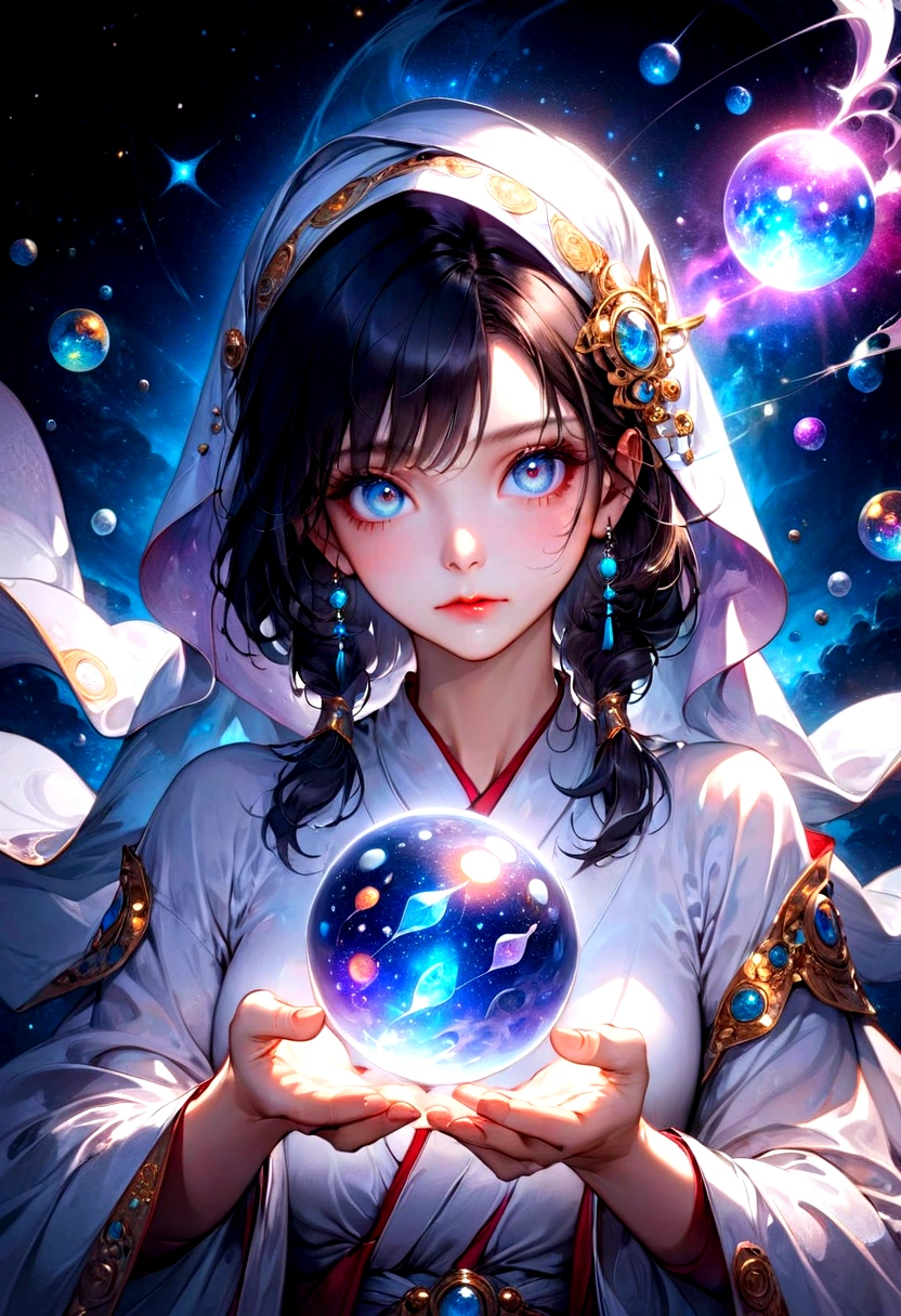 1girl, Astrologer, A beautiful astrologer woman, detailed intricate face, piercing eyes, full lips, long eyelashes, elegant mystical expression, flowing robe, holding crystal ball, starry cosmic background, dramatic lighting, digital art, highly detailed, 8K, masterpiece, best quality, very aesthetic, absurdres