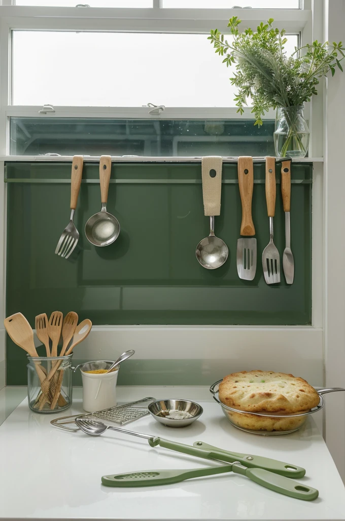 create an advertising image, for sale on markktplace, 10 cooking items, frying spatula, Spatula, Corolla, Forceps, flat baking spoon, spatula with holes for draining oil, spaghetti spoon and slotted spoon, lying on the store window, white background with shades of green
